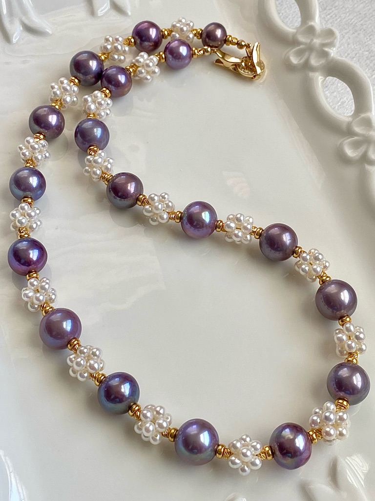 N298-Premium Round Blueberry Edison Pearl And Round Baby Pearl S925 Necklace